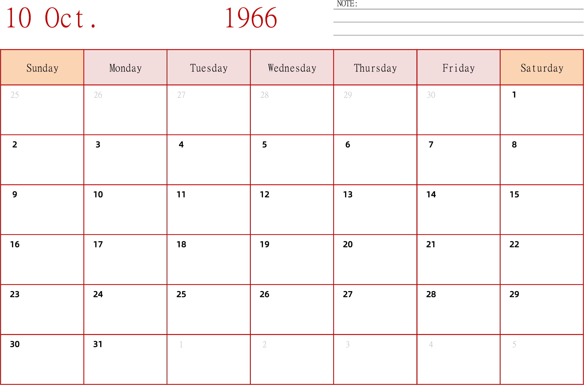 日历表1966年日历 英文版 横向排版 周日开始